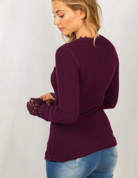 Simple As That Lace Trim Henley - Plum (S-3X)