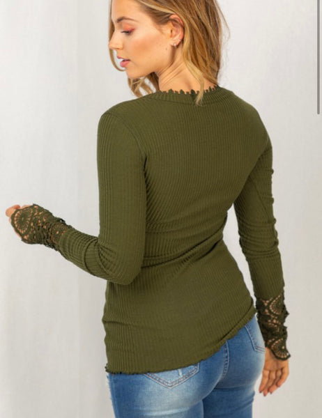 Simple As That Lace Trim Henley - Olive (S-3X)